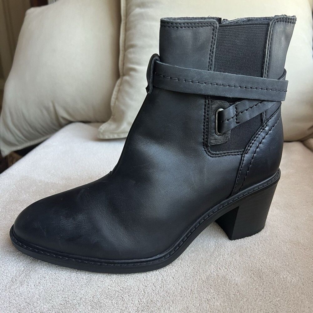 Clarks Scene Star Black Leather Block Heel Ankle Boots Booties Women 8.5 Zipper
